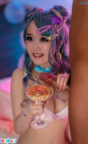 Ria Kurumi on her knees in bra and panties sucking cock and milking cum