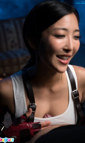 Emiri Momota on her knees giving breast sex and cum on her tits