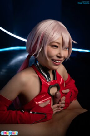 Nagi Tsukino kneeling in red latex dress sucking cock and cum in mouth