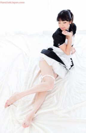 French maid Matsuda Anna giving handjob and sucking cum from her fingers