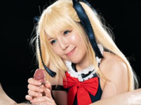 Mary on her knees giving handjobs sucking cocks and milking cum from cocks