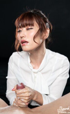 Office lady Mizuki kneeling giving handjobs and playing with cum