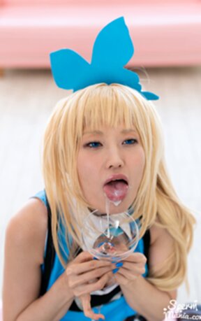 Mizuki on her knees cum in mouth and glass and giving handjob