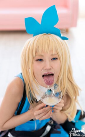 Mizuki on her knees cum in mouth and glass and giving handjob