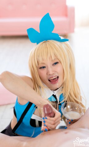 Mizuki on her knees cum in mouth and glass and giving handjob