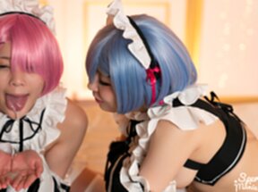 Maids Komatsu Aya and Tsukino Nagi on all fours sucking cock