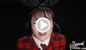 Kurumi Ria on her knees receiving bukkake facials face glazed with cum